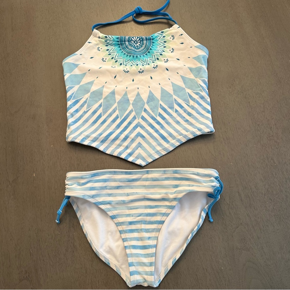 ARIZONA JEAN CO Girls Tankini Mandala Stripe Blue White 2 Piece Swimsuit Size 16